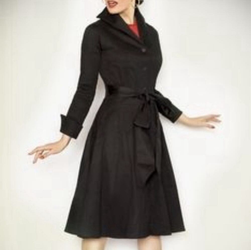 Bernie Dexter Black Retro Pinup Belted Button Swing Coat Henrietta Dress Small